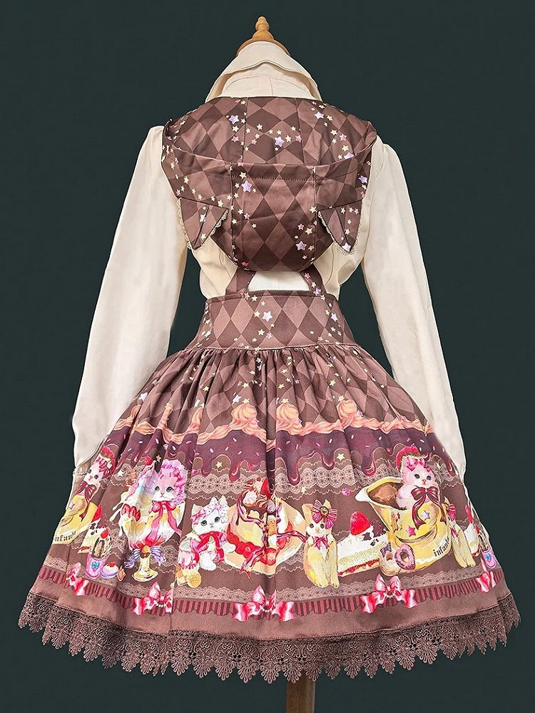 Lolita Cat Hood with Dress Ear Print Sweet Dessert Coffee Pattern Diamond and Overall
