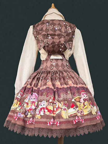 Lolita Cat Hood with Dress Ear Print Sweet Dessert Coffee Pattern Diamond and Overall
