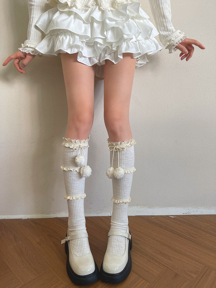 Socks Decor Colors Pom-pom Three-layer Calf 4 Ruffle With At Ion