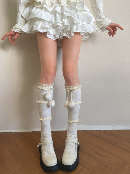 Socks Decor Colors Pom-pom Three-layer Calf 4 Ruffle With At Ion