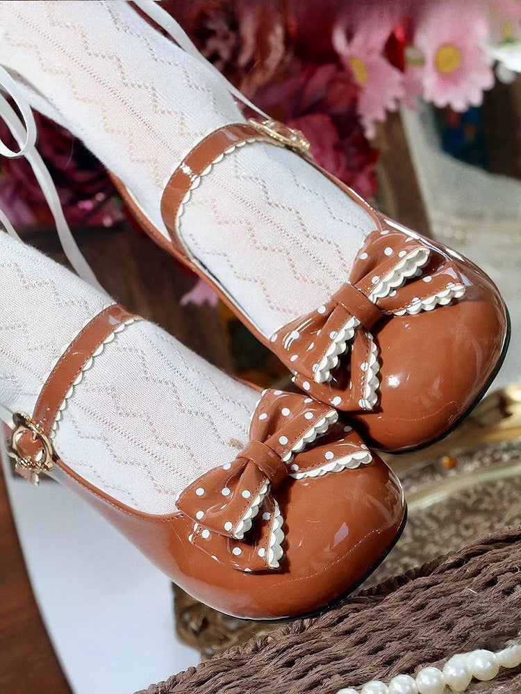 Low Sweet Bow Lolita Polka - Accent Round Heels Dot PU Buckle Bear Toe Brown