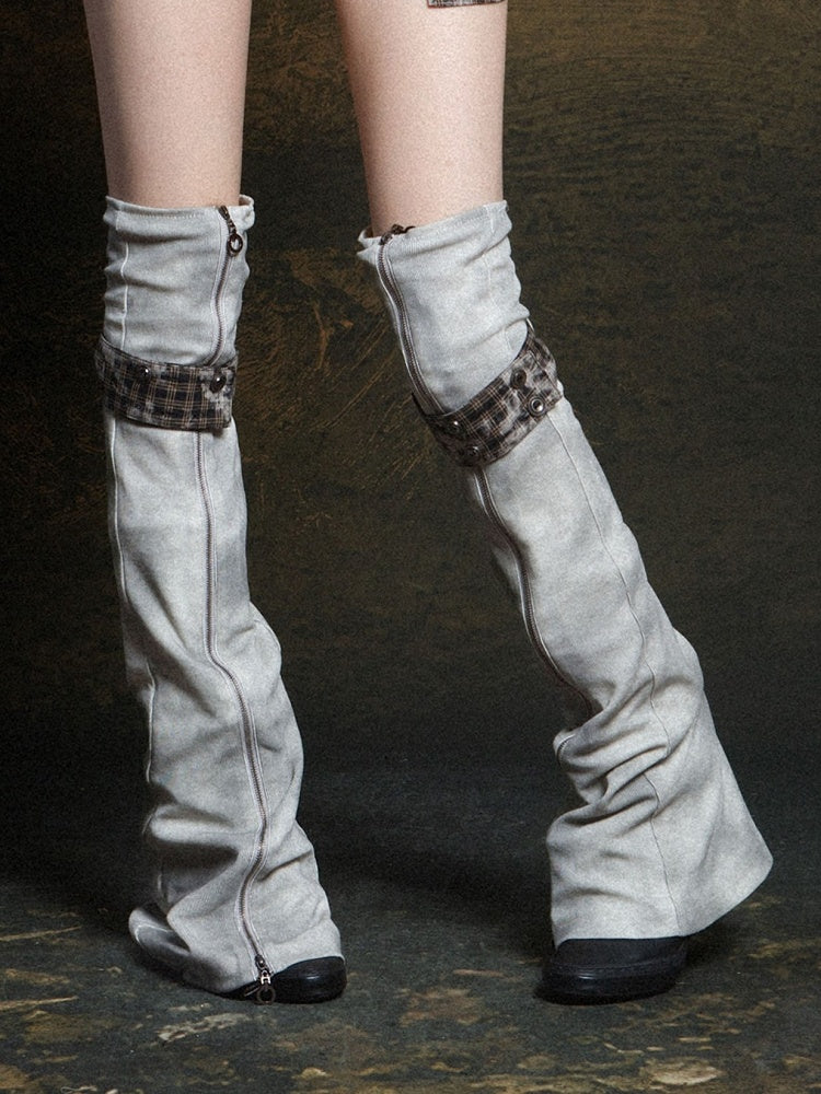 Leg Gray Black Vertical with Button Warmers Punk Plaid Zipper Strap