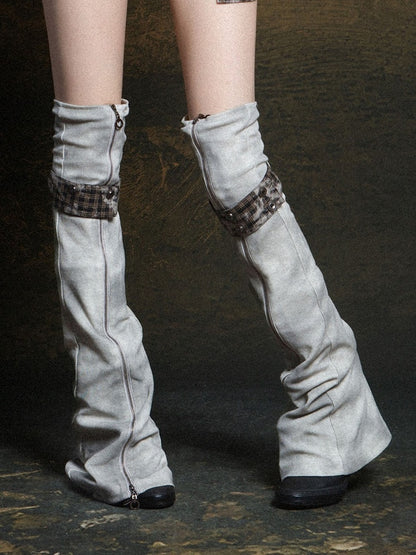 Leg Gray Black Vertical with Button Warmers Punk Plaid Zipper Strap