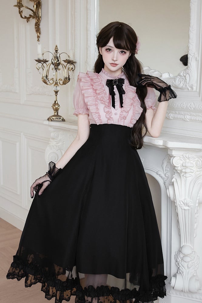 Pink Ruffled Blouse & Black Long Skirt Fake Two Pieces Lolita Dress - With PUJI