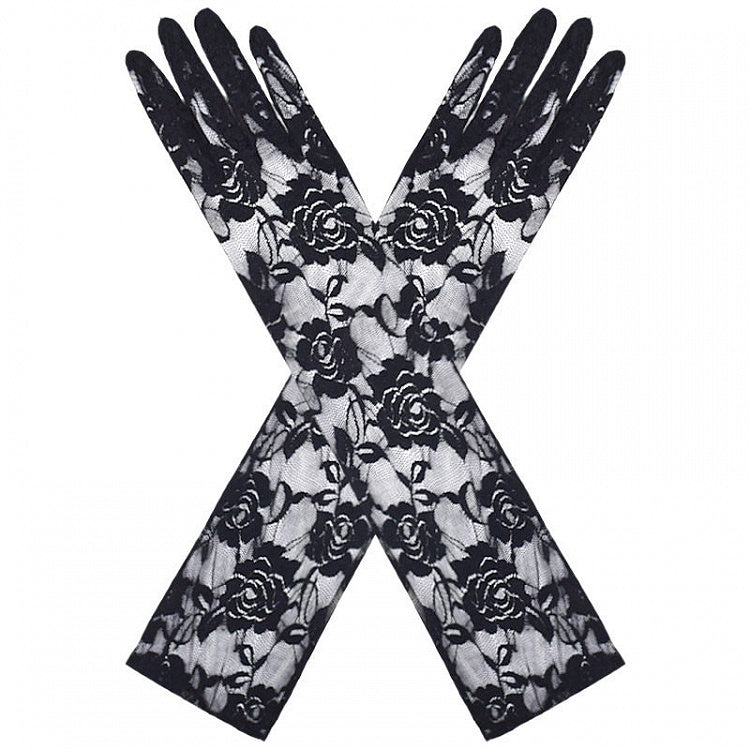 Black Details Gloves Lace Floral Long