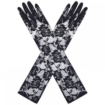 Black Details Gloves Lace Floral Long