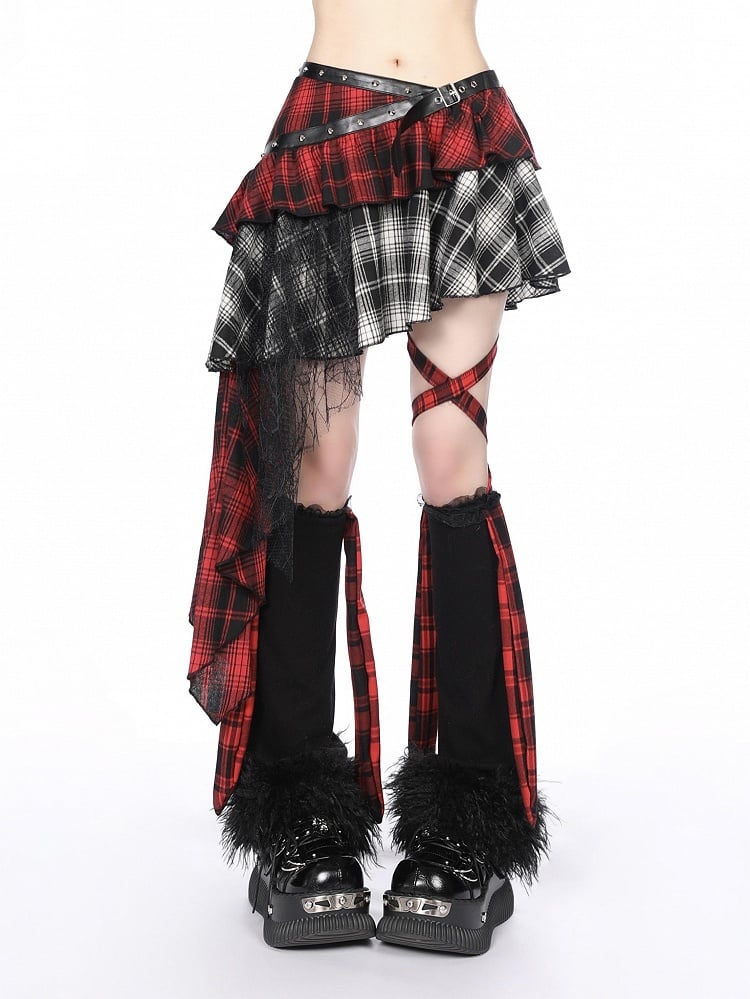 Asymmetrischer rot-weiß karierter Stufenrock mit kaskadierendem Spitzenrüschenbesatz