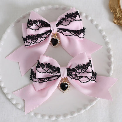 of Pair Lace Bowknot Charm A with Decorations Heart Colors Black 9 Hairclips