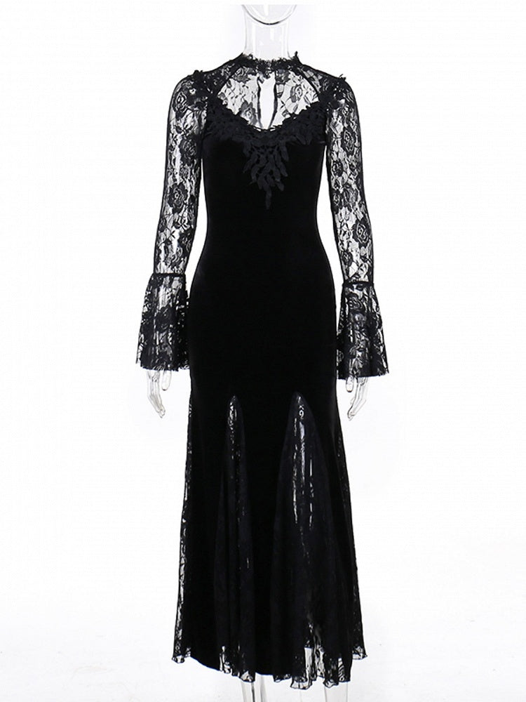 Halloween Gothic with Bell Sleeves Floral Mermaid Black Dress Lace