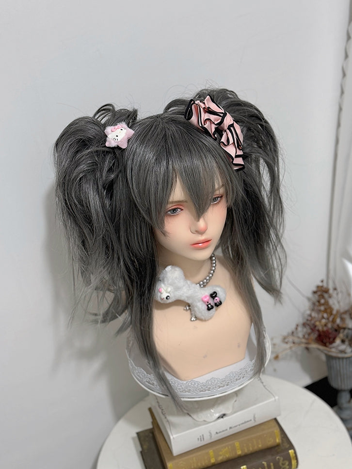 Clip-Perücke, grau, doppelter Pferdeschwanz + 30 cm Krallenpony, 38 cm glatte Länge mit Ombré-Haarfarbe