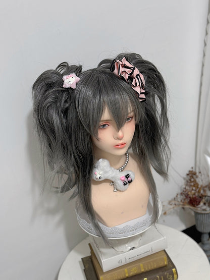 Clip-Perücke, grau, doppelter Pferdeschwanz + 30 cm Krallenpony, 38 cm glatte Länge mit Ombré-Haarfarbe