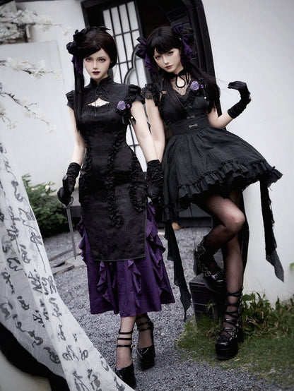 Kaskadierende schwarze Vibes Qipao-Besatz Jacquard Lila Lolita-Kleid Qi Saum Cthulhu Rüschen