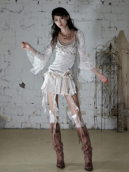 Punk Apricot Pleated Skort with Asymmetric Lace Trim - NO ROMANCE