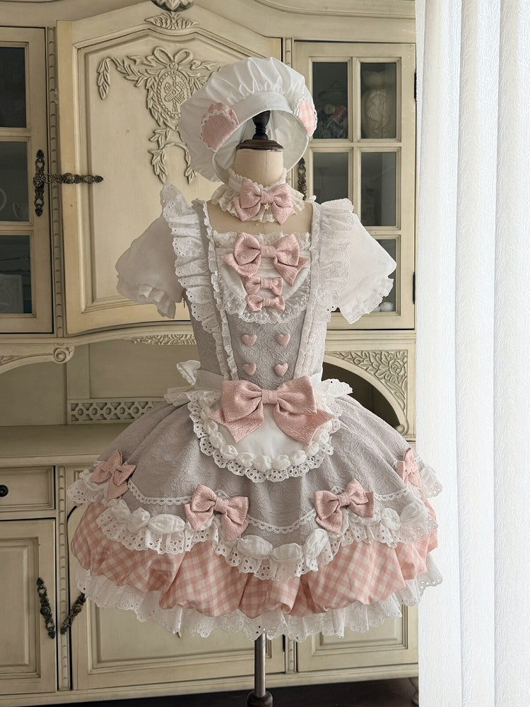 Light Purple Sweet Bow Plaid Short Sleeve Lolita OP Dress with Apron Set - Asleep Townlet
