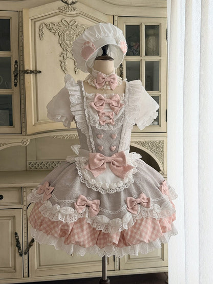 Light Purple Sweet Bow Plaid Short Sleeve Lolita OP Dress with Apron Set - Asleep Townlet