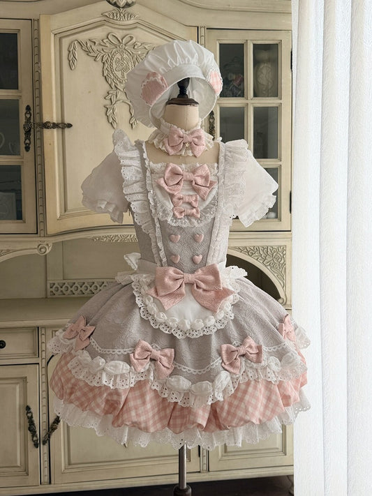 Light Purple Sweet Bow Plaid Short Sleeve Lolita OP Dress with Apron Set - Asleep Townlet