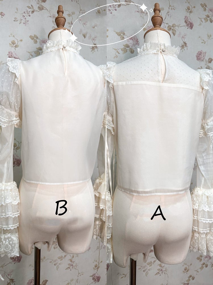 Tulle White with Sleeves Creamy Detachable Blouse Dotted Puff