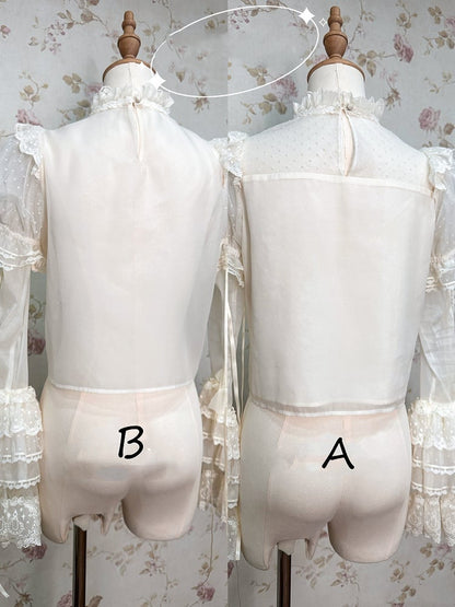 Tulle White with Sleeves Creamy Detachable Blouse Dotted Puff