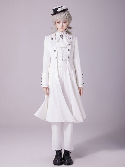 White Jacquard Coat with Zip Closure, Lace-Up Back, and Cutout Detail - DevilInspired Exclusive Collection