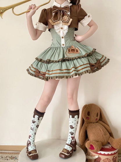 Green and Brown Preppy Striped Two-Piece Gown with Crown Embroidery - Fairy Faith