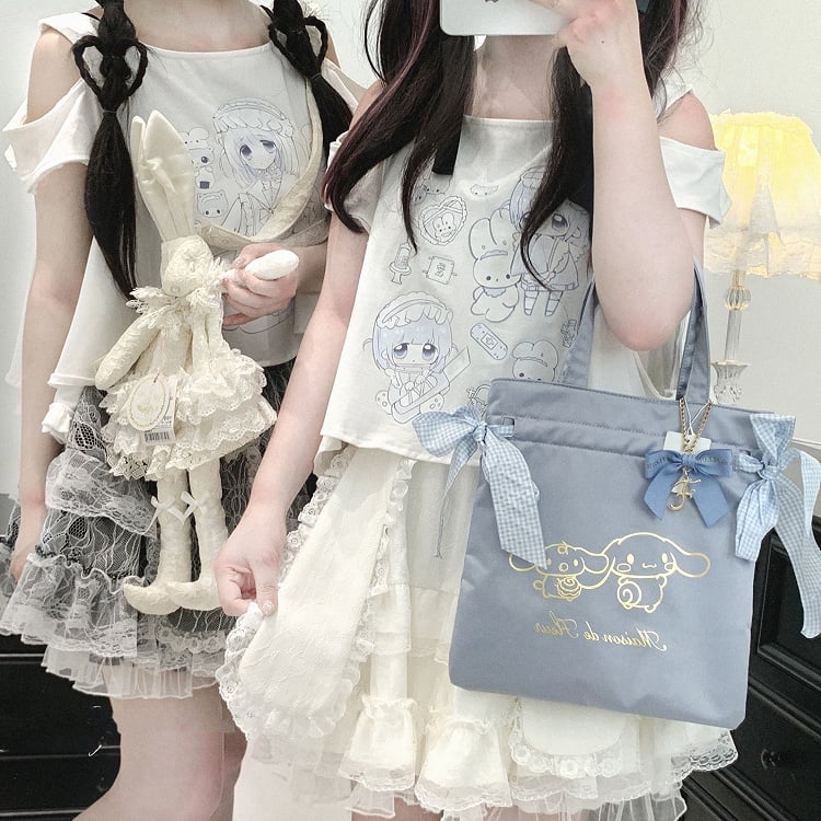 Jirai Kei T-Shirt Yami Kawaii Cartoon Print Ausschnitt Schulter Weiß
