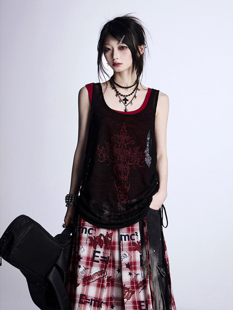Tank Cross Black Print Red Adjustable with Drawstrings Top Semi-Sheer