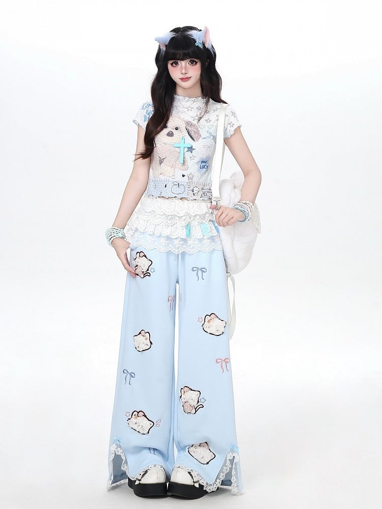 Plush Cat Embroidery Blue Slit Straight Leg Pants - CRAZY GIRL