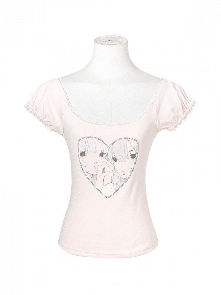 Girl Print Light Pink Scoop Neck Puff Sleeve Lace Top - Kyouko Baby