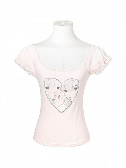 Girl Print Light Pink Scoop Neck Puff Sleeve Lace Top - Kyouko Baby