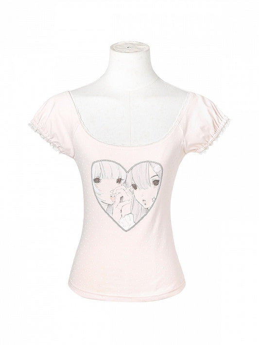Girl Print Light Pink Scoop Neck Puff Sleeve Lace Top - Kyouko Baby