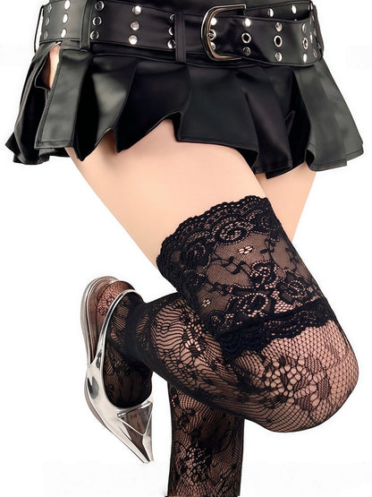 Black/White/Gray Lace Trim Floral Pattern Over Knee Stockings
