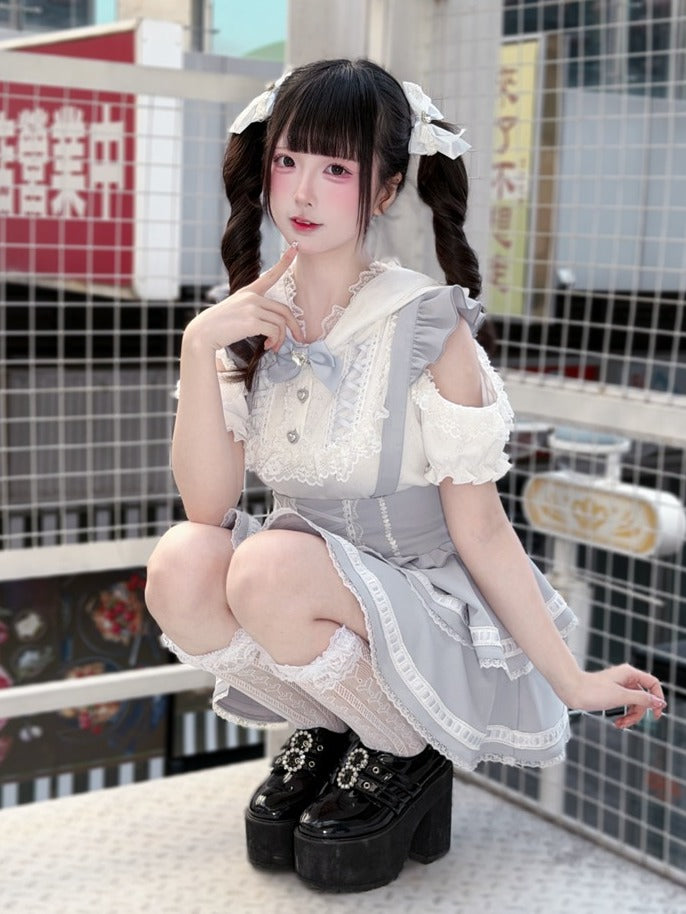 Light Dusty Blue Double-Layer Overall Skirt with Lace Trim - Puppet Bombs