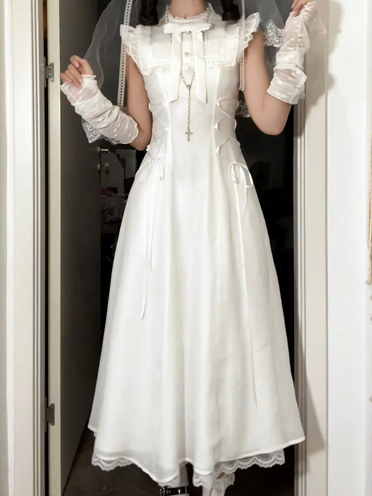 Pure Flutter Waist White Lace-Up Dress:Long Versionwith Sleeve Aesthetic