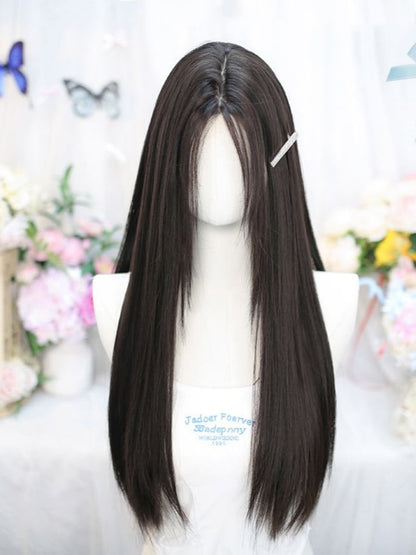 Black Tea Under Bust Length Straight Wig with Curtain Bangs