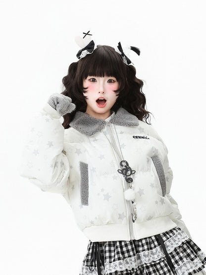 Blue Closure Off-white/Dark Pattern Blouson Star with Daily Kawaii Fleece-lined Jacket Zipper