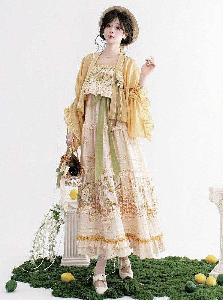 Lemon and Jasmine Theme Beige Embroidery Long Slip Dress with Hanfu Element Design - Luo Xiu Dong Xiang