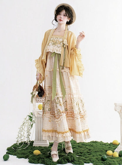 Lemon and Jasmine Theme Beige Embroidery Long Slip Dress with Hanfu Element Design - Luo Xiu Dong Xiang