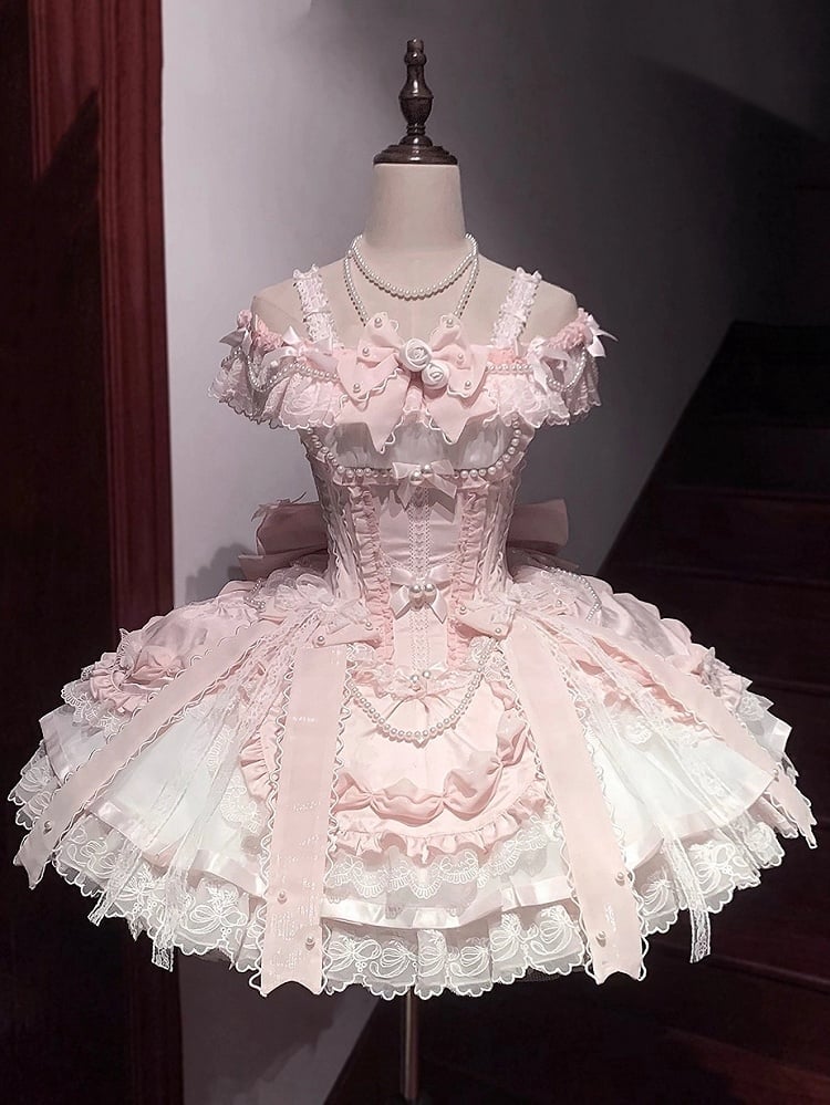 Accents Bead Lolita with and Dress Corset Balletcore Bow Chains Pink Princess
