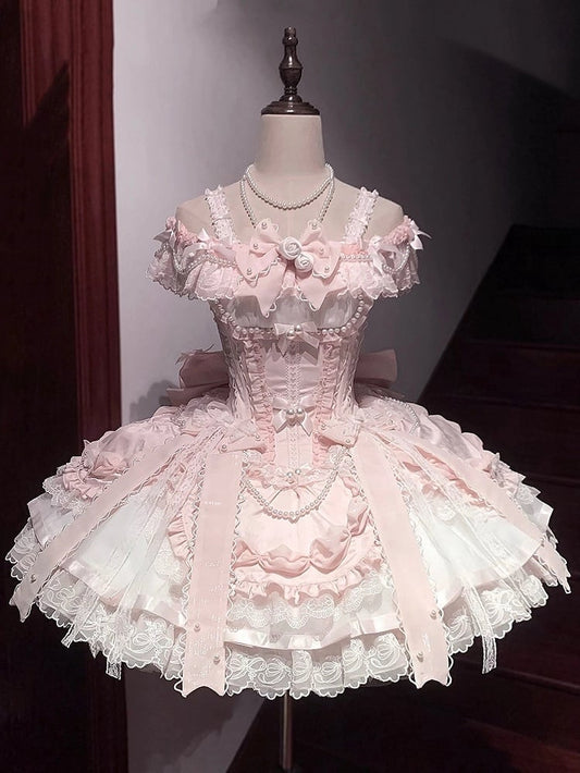 Accents Bead Lolita with and Dress Corset Balletcore Bow Chains Pink Princess