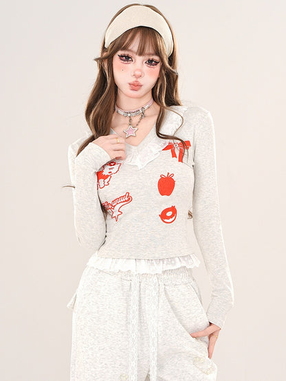 Schwarz/Graues Cartoon-Top mit V-Ausschnitt und Spitzenbesatz