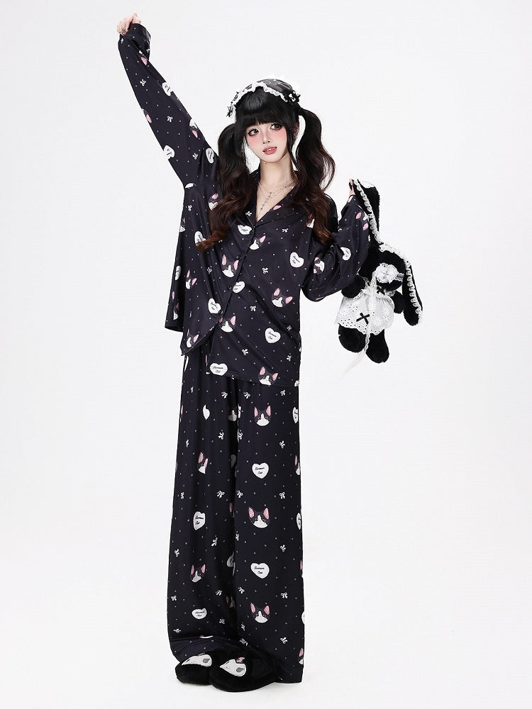 Black Cute Otaku Kitten Print Long Lounge Wear Two-Piece Set - Long-Sleeve Top + Pants - CRAZY GIRL