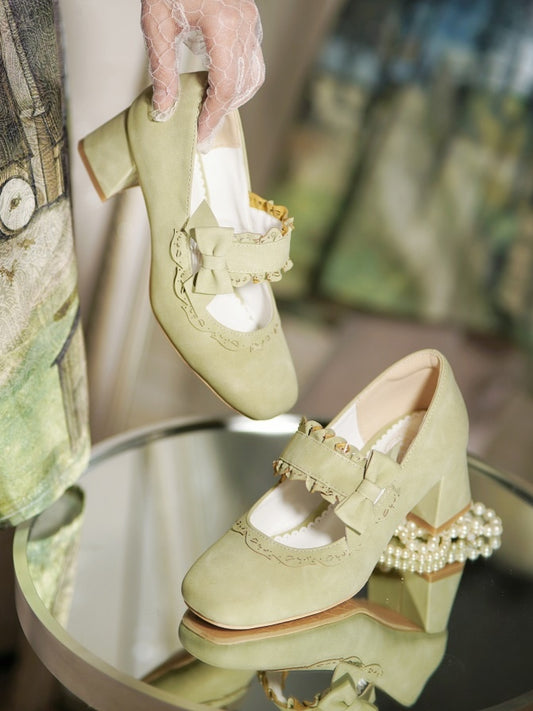 Lace High with Bow Green Block Heels Scalloped Sweet Fit - Slip-In Design Hem Accents Lolita