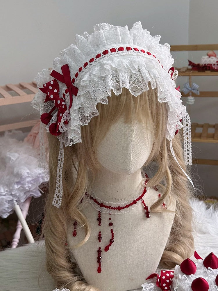 Decorations Hairband with Sweet Cherry Ruffled Red White Lolita