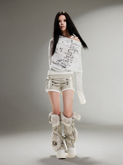 White Knit Vintage Print Top Punk with Drop Sleeves Off-Shoulder Totem Shoulder