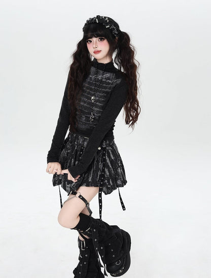 Thin Waist Top Letter with Fleece Black High-neck Ruched Print