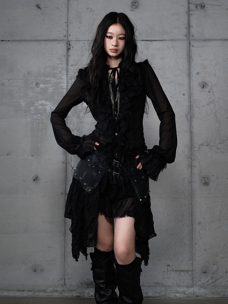with Lace Tie-Neck Delicate Blouse Vintage Black Accents Princess