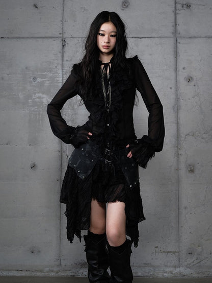 with Lace Tie-Neck Delicate Blouse Vintage Black Accents Princess