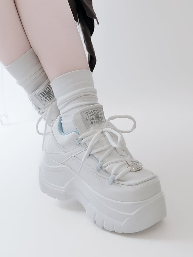 Leather Kei Sneakers in Classic Matte White Platform Lacing with PU System Jirai