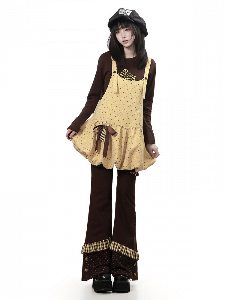 Kawaii Yellow Polka Dot Bubble Overall Skirt with Star Bow Charms - PINK SAVIOR