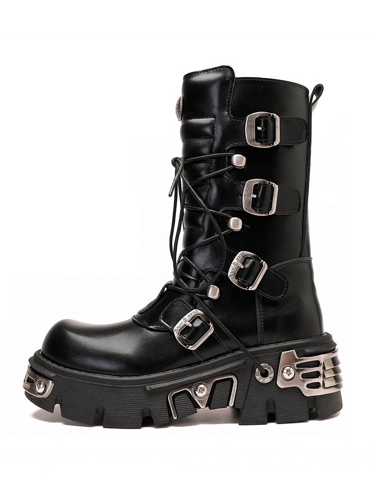 Punk Plates Black Mid-Calf Boots Platform Gothic - Fastening Metal Triple
